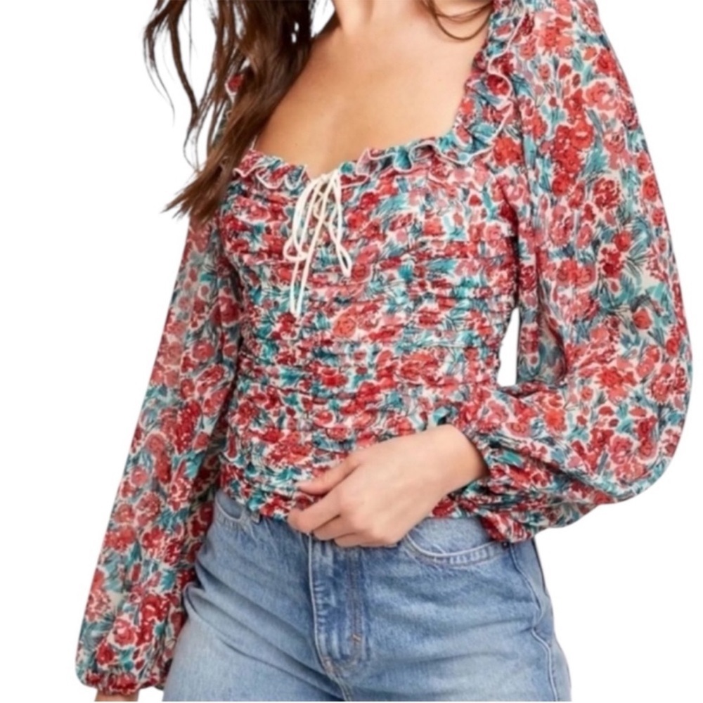 NEW Boho  Free People Mabel Printed Festival Top Rose Combo Red SZ M
